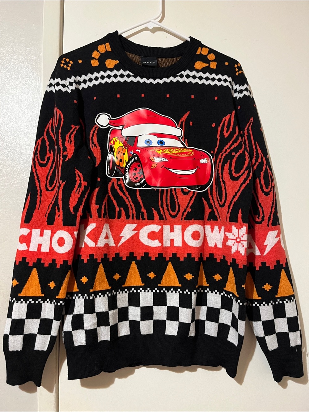 Disney Men Sweater Black Pixar Lightning Mcqueen Christmas Print Ugly Sweater